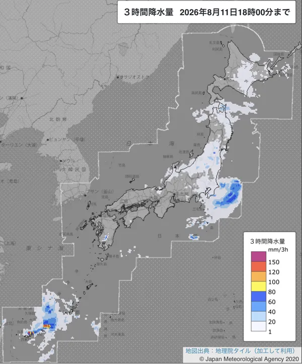 2026年8月11日15〜18時の日本周辺の3時間解析降水量