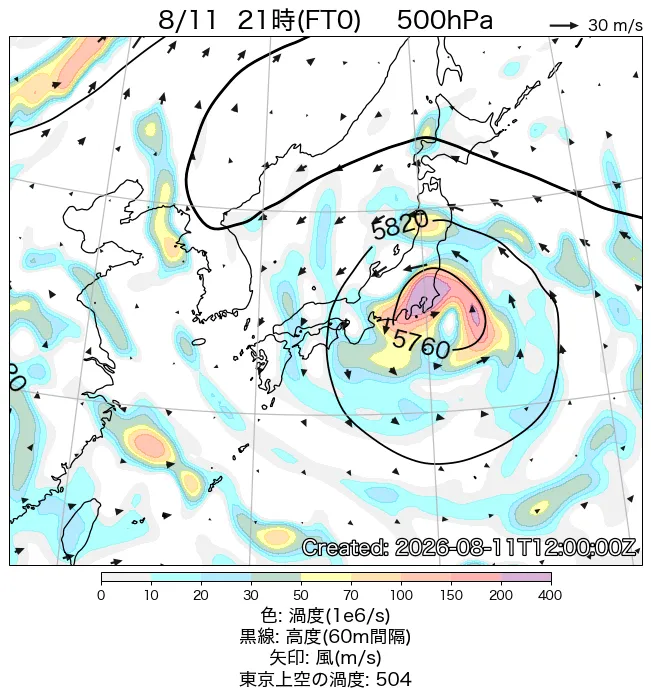 2026年8月11日の日本周辺の500hPa天気図（21時）