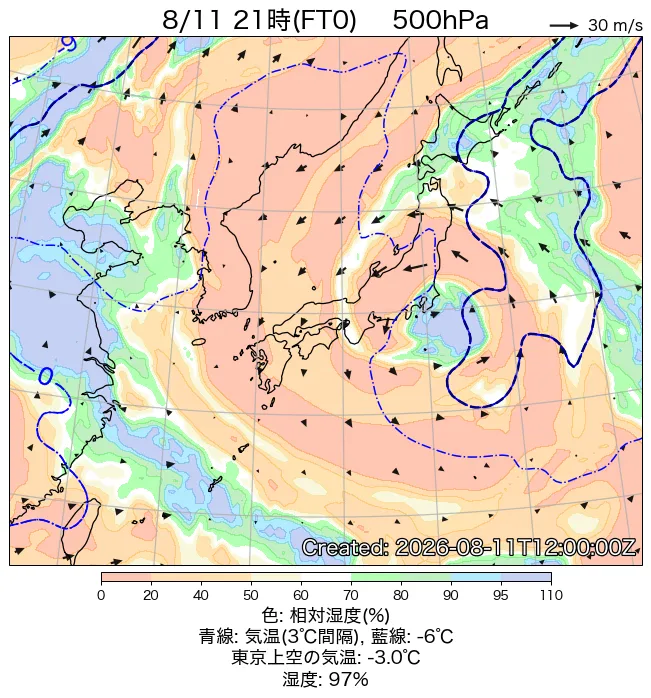 2026年8月11日の日本周辺の500hPa天気図（21時）