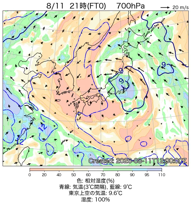 2026年8月11日の日本周辺の700hPa天気図（21時）