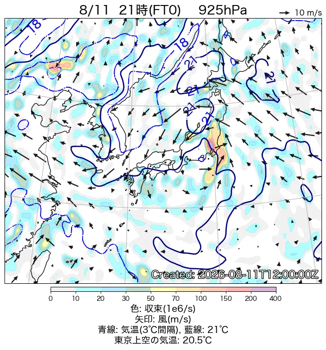 2026年8月11日の日本周辺の925hPa天気図（21時）
