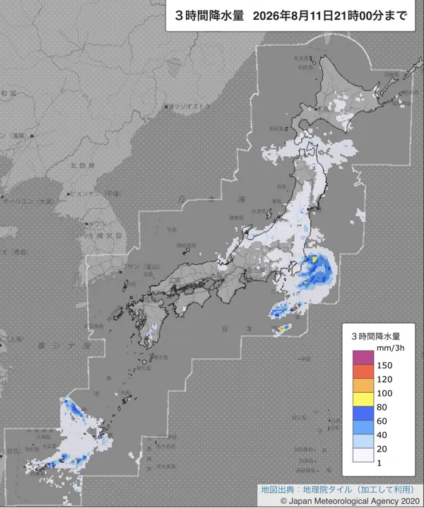 2026年8月11日18〜21時の日本周辺の3時間解析降水量