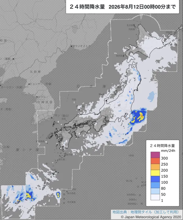 2026年8月11日の日本周辺の日解析雨量の図