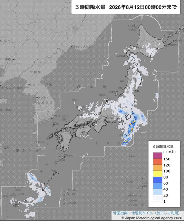 2026年8月11日21〜24時の日本周辺の3時間解析降水量