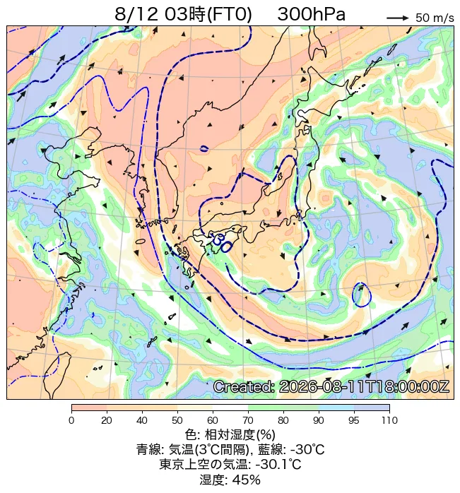 2026年8月12日の日本周辺の300hPa天気図（3時）