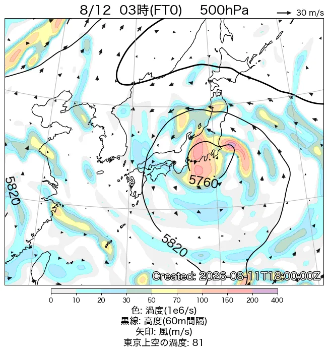 2026年8月12日の日本周辺の500hPa天気図（3時）