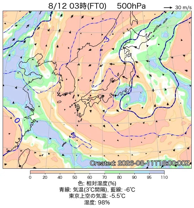 2026年8月12日の日本周辺の500hPa天気図（3時）