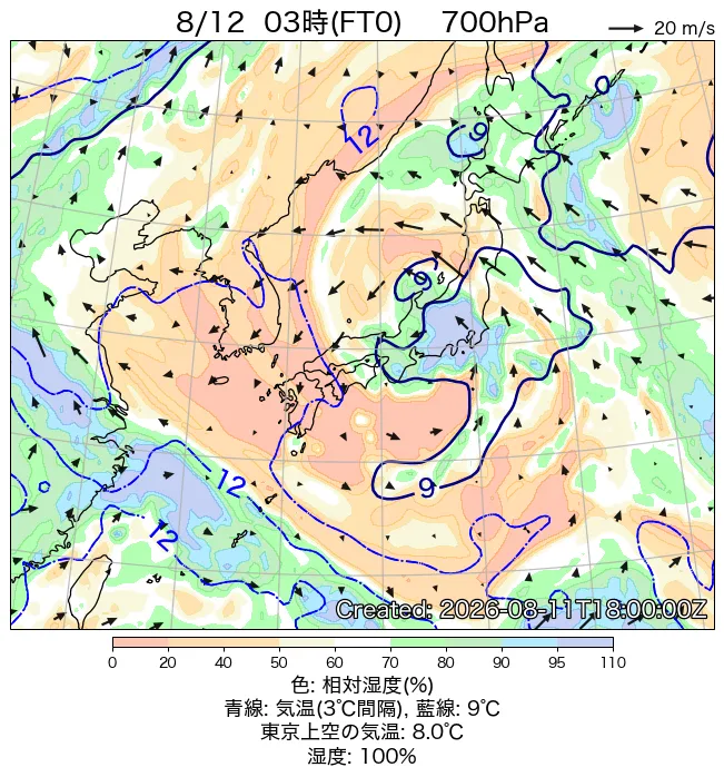 2026年8月12日の日本周辺の700hPa天気図（3時）