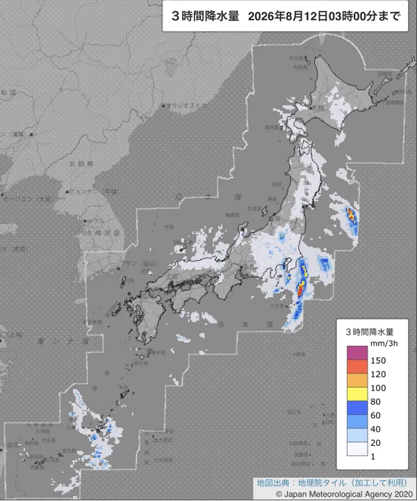 2026年8月12日0〜3時の日本周辺の3時間解析降水量