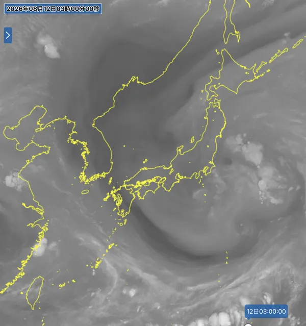 2026年8月12日3時の日本周辺の衛星水蒸気画像