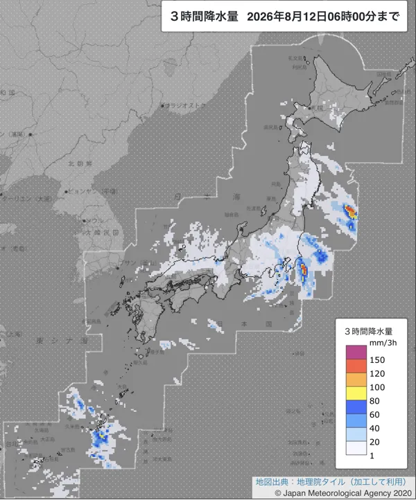 2026年8月12日3〜6時の日本周辺の3時間解析降水量