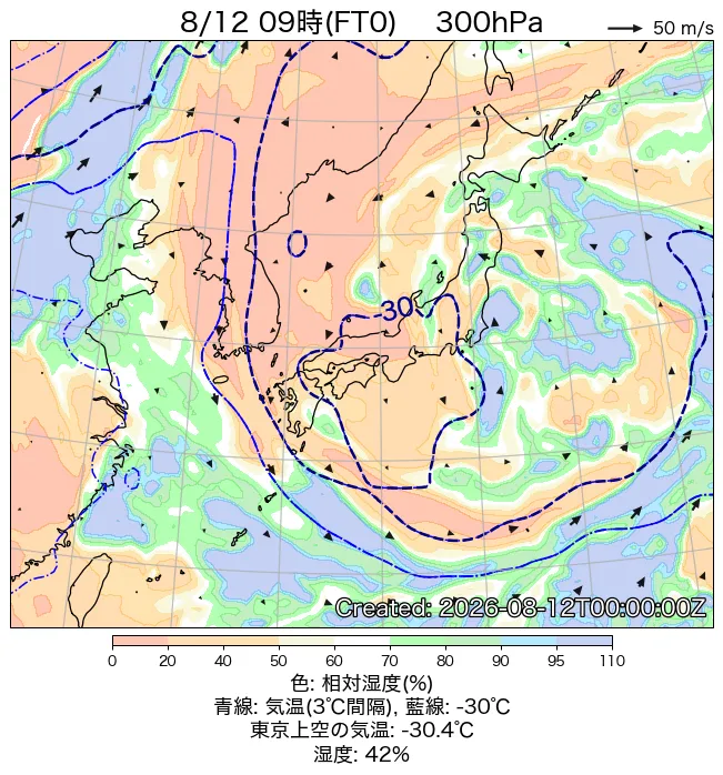 2026年8月12日の日本周辺の300hPa天気図（9時）