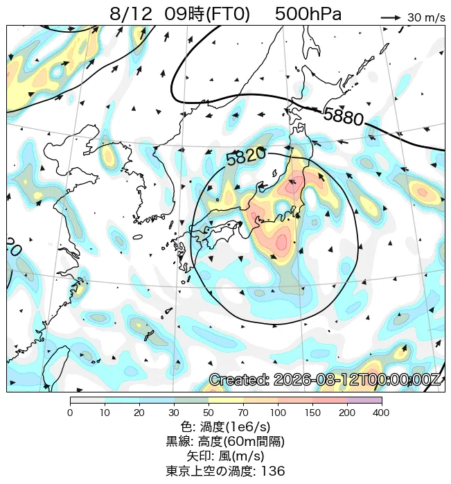 2026年8月12日の日本周辺の500hPa天気図（9時）