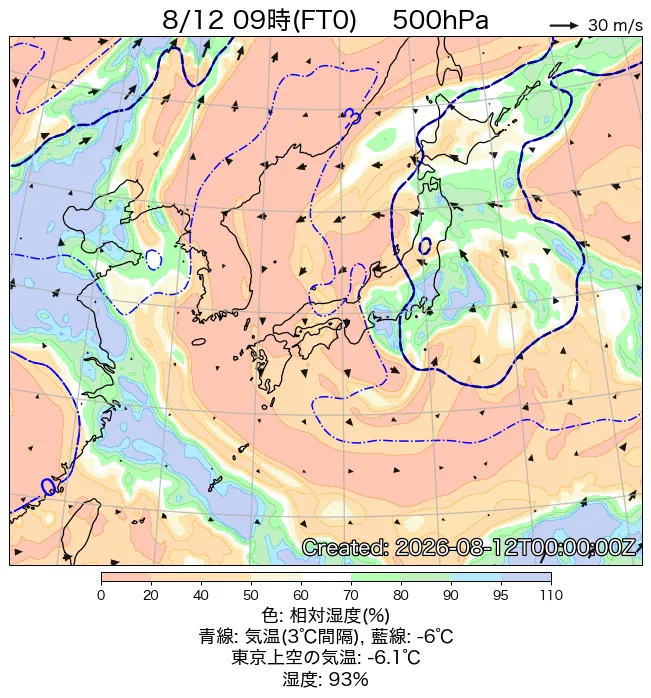 2026年8月12日の日本周辺の500hPa天気図（9時）