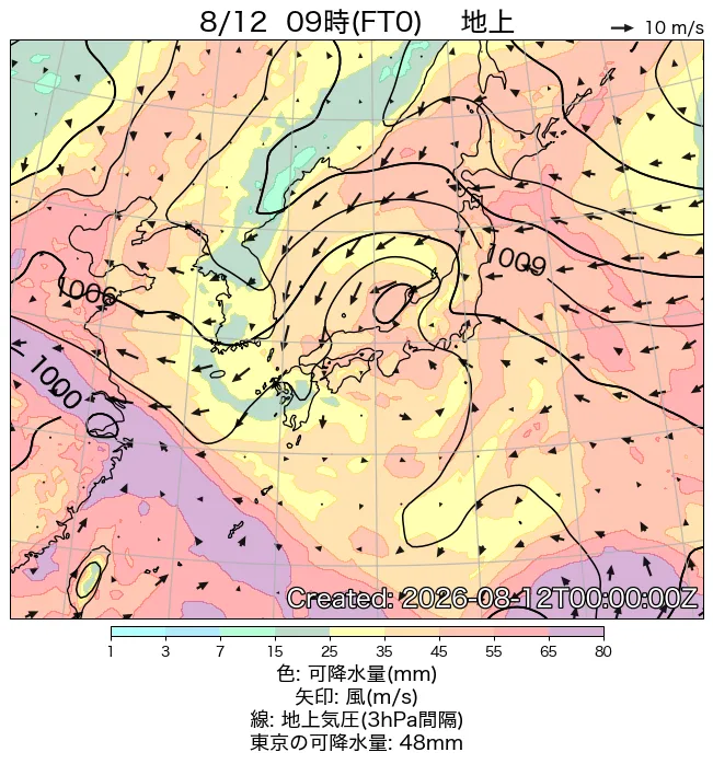 2026年8月12日の日本周辺の地上天気図（9時）