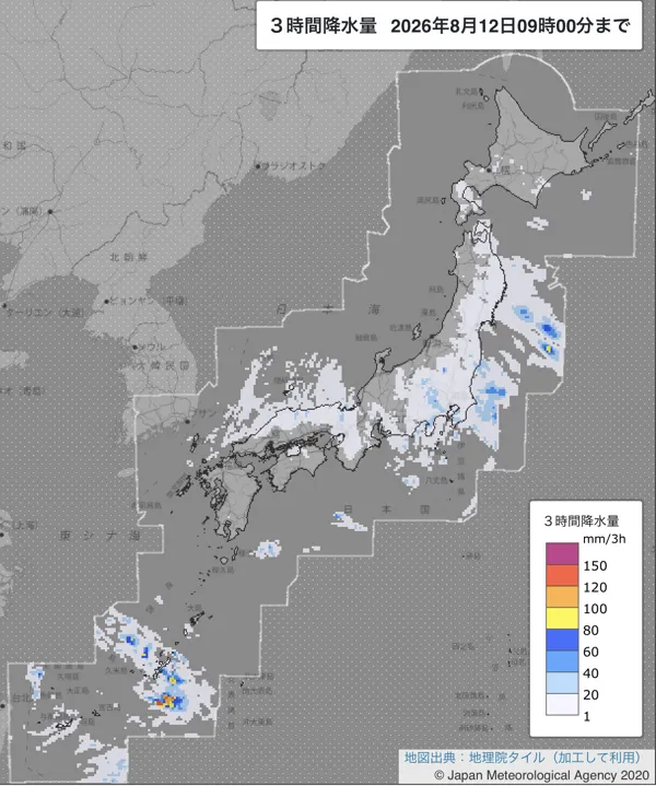 2026年8月12日6〜9時の日本周辺の3時間解析降水量