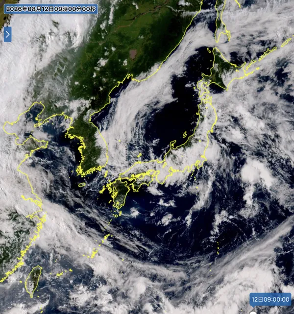 2026年8月12日9時の日本周辺の衛星可視画像