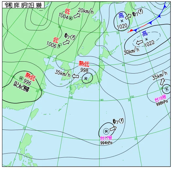 2026年8月12日9時の速報天気図