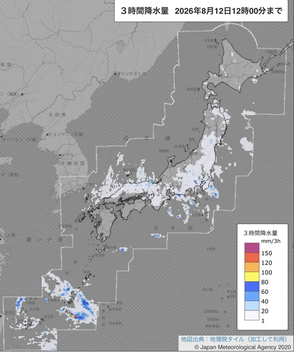 2026年8月12日9〜12時の日本周辺の3時間解析降水量