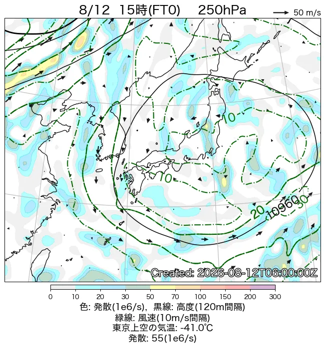 2026年8月12日の日本周辺の250hPa天気図（15時）
