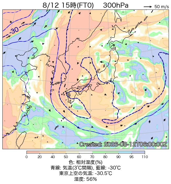 2026年8月12日の日本周辺の300hPa天気図（15時）