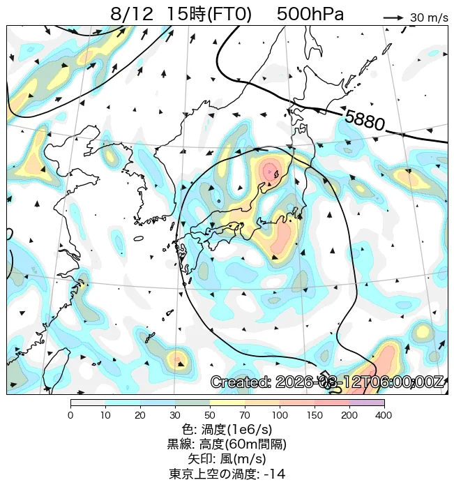 2026年8月12日の日本周辺の500hPa天気図（15時）