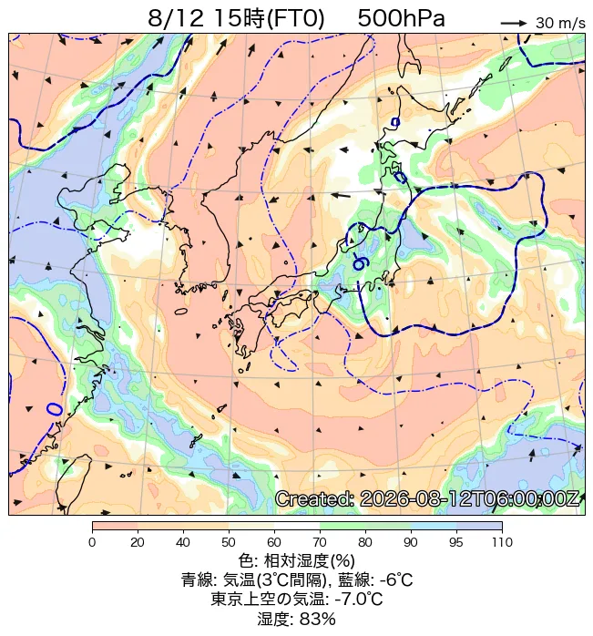 2026年8月12日の日本周辺の500hPa天気図（15時）