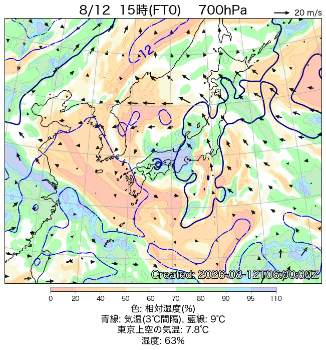 2026年8月12日の日本周辺の700hPa天気図（15時）
