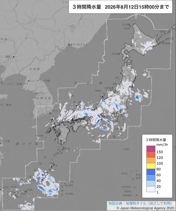 2026年8月12日12〜15時の日本周辺の3時間解析降水量