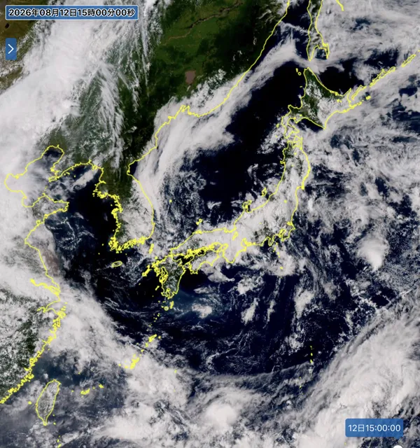 2026年8月12日15時の日本周辺の衛星可視画像