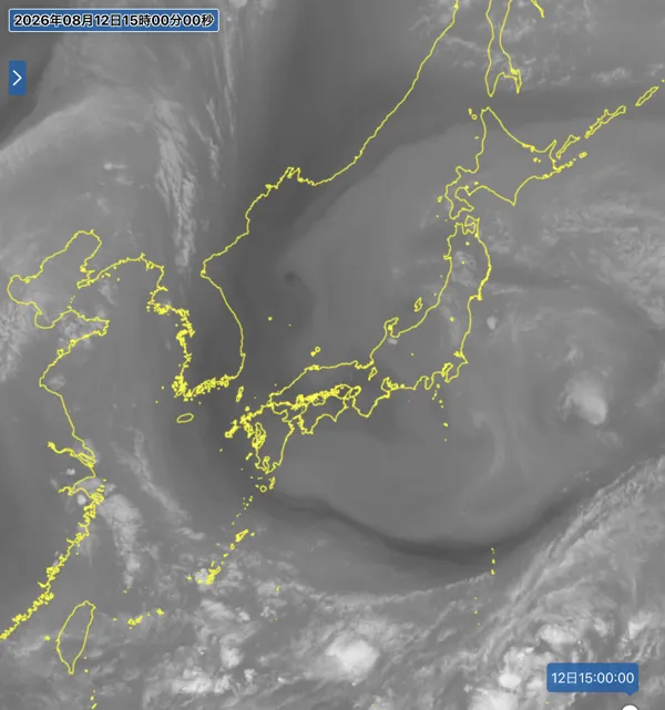 2026年8月12日15時の日本周辺の衛星水蒸気画像