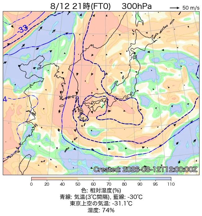 2026年8月12日の日本周辺の300hPa天気図（21時）