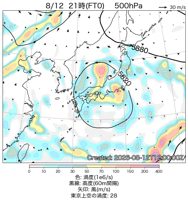 2026年8月12日の日本周辺の500hPa天気図（21時）