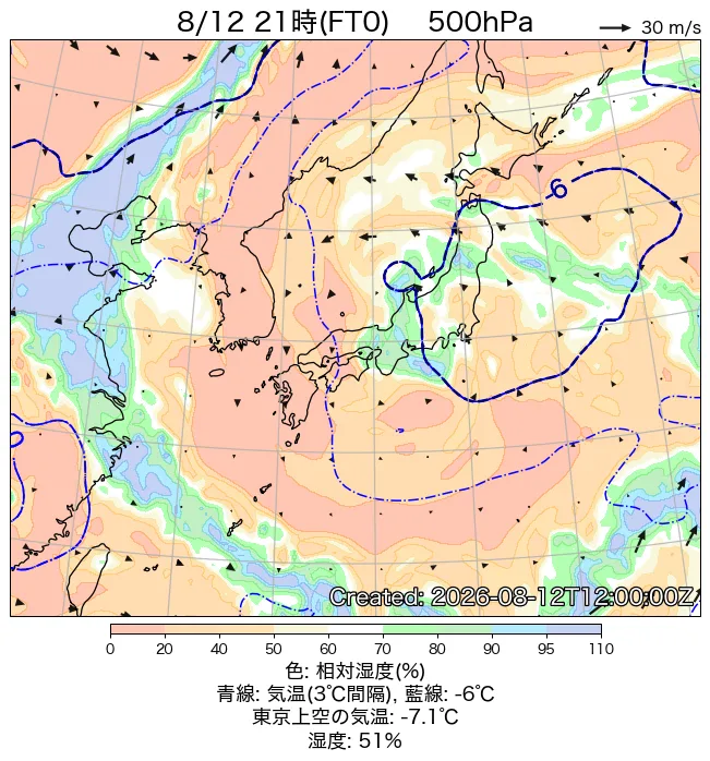 2026年8月12日の日本周辺の500hPa天気図（21時）