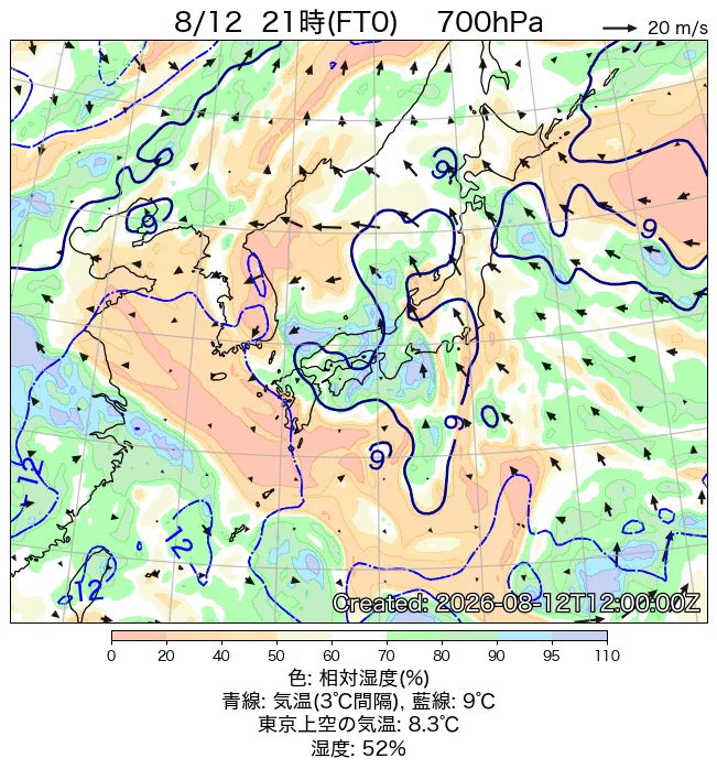2026年8月12日の日本周辺の700hPa天気図（21時）