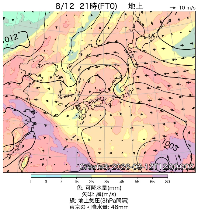 2026年8月12日の日本周辺の地上天気図（21時）