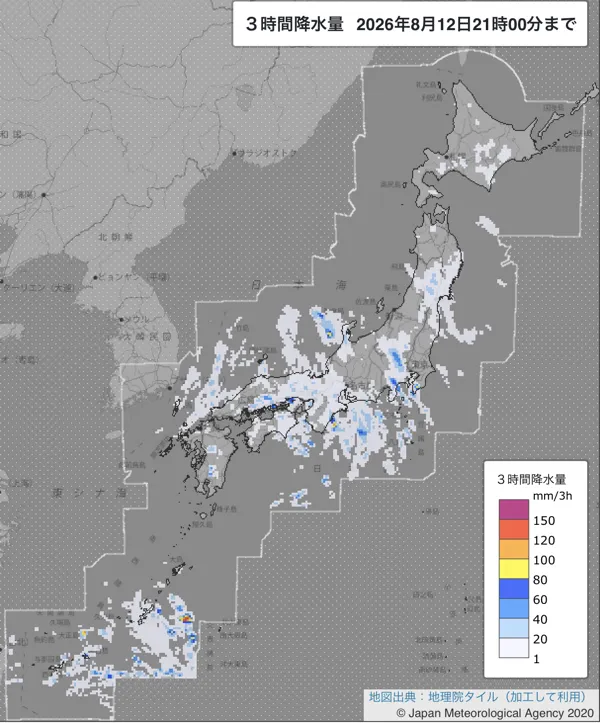 2026年8月12日18〜21時の日本周辺の3時間解析降水量