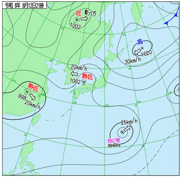 2026年8月12日21時の速報天気図