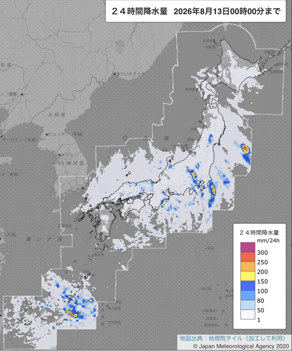 2026年8月12日の日本周辺の日解析雨量の図