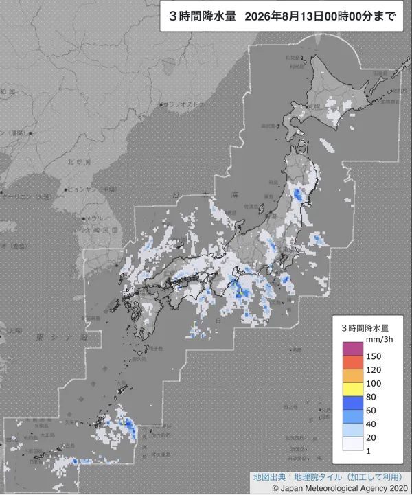 2026年8月12日21〜24時の日本周辺の3時間解析降水量