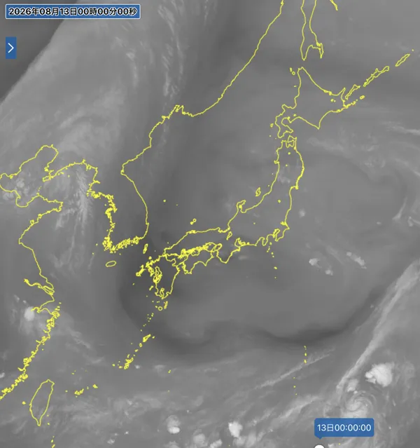 2026年8月12日24時の日本周辺の衛星水蒸気画像