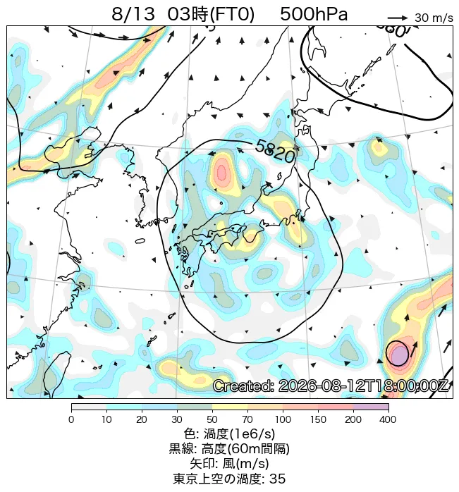 2026年8月13日の日本周辺の500hPa天気図（3時）