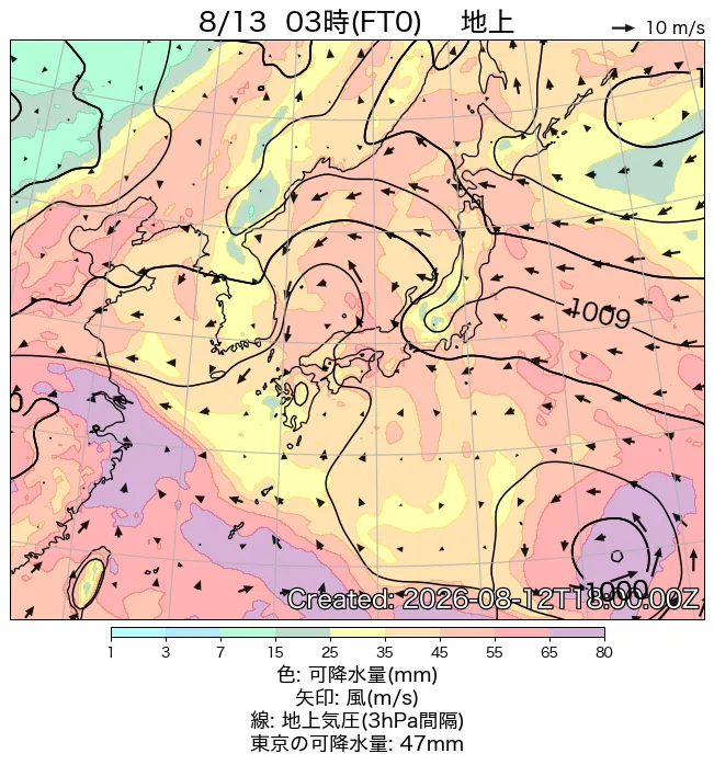 2026年8月13日の日本周辺の地上天気図（3時）