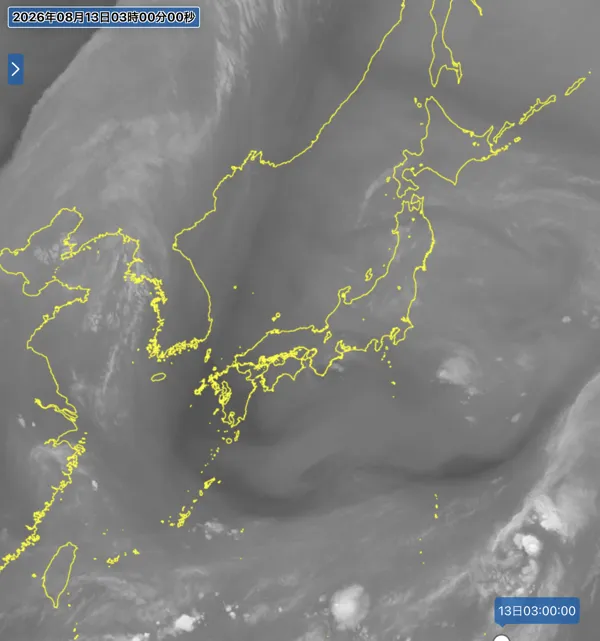 2026年8月13日3時の日本周辺の衛星水蒸気画像