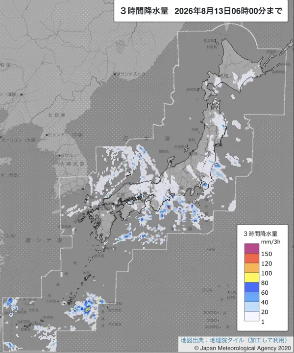 2026年8月13日3〜6時の日本周辺の3時間解析降水量