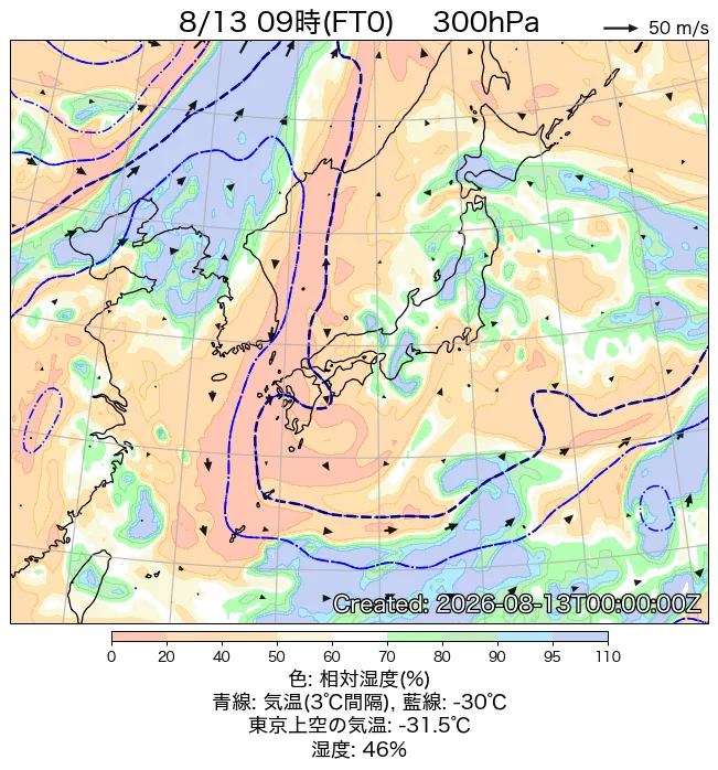 2026年8月13日の日本周辺の300hPa天気図（9時）