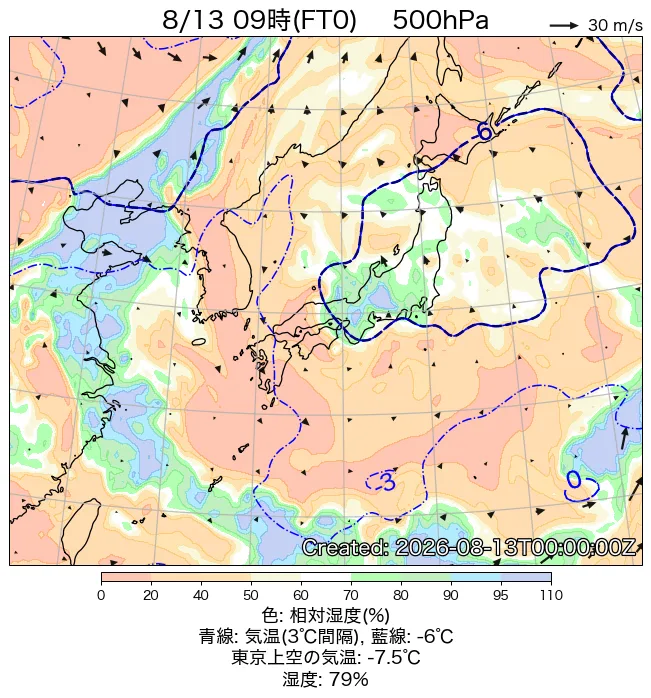 2026年8月13日の日本周辺の500hPa天気図（9時）