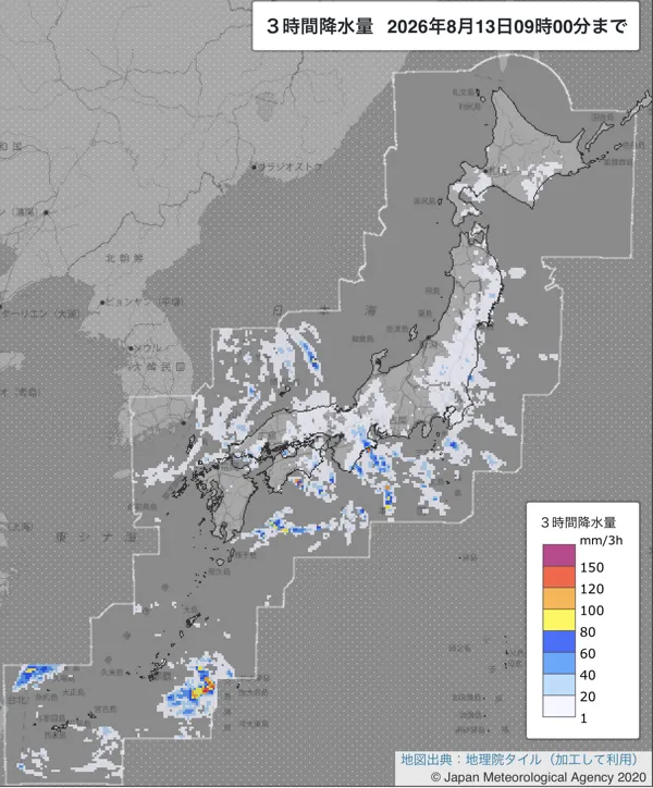 2026年8月13日6〜9時の日本周辺の3時間解析降水量