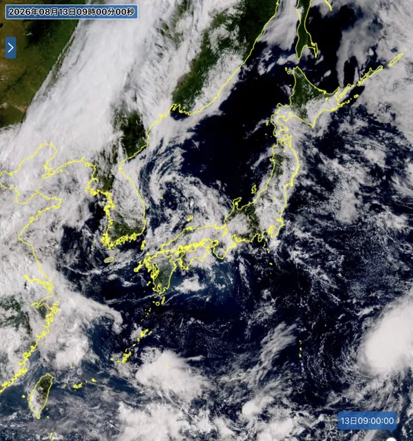 2026年8月13日9時の日本周辺の衛星可視画像
