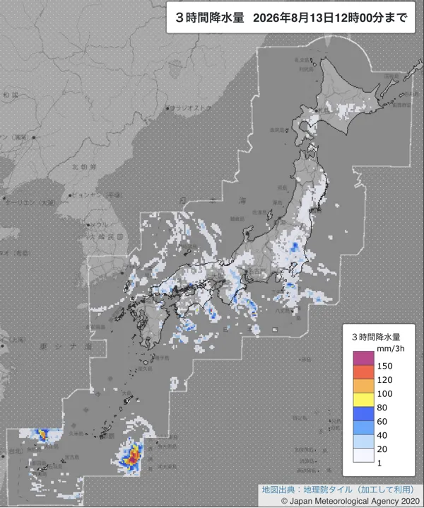 2026年8月13日9〜12時の日本周辺の3時間解析降水量
